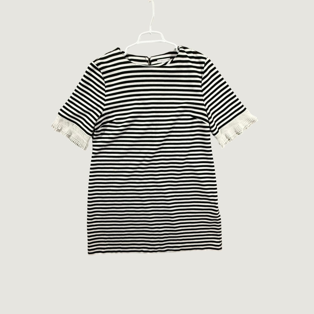New York & Company Black White Striped Ruffle Sleeve Shift Dress XL Stretch